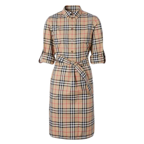 BURBERRY/博柏利  女士米色束腰復(fù)古格紋彈力棉質(zhì)襯衫連衣裙 80245851
