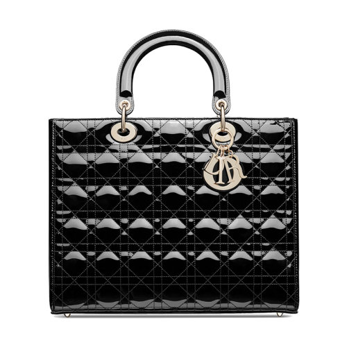 DIOR/迪奧 Lady Dior系列 女士大號黑色漆皮小牛皮菱格戴妃包手提包 M0566OWCB_M900
