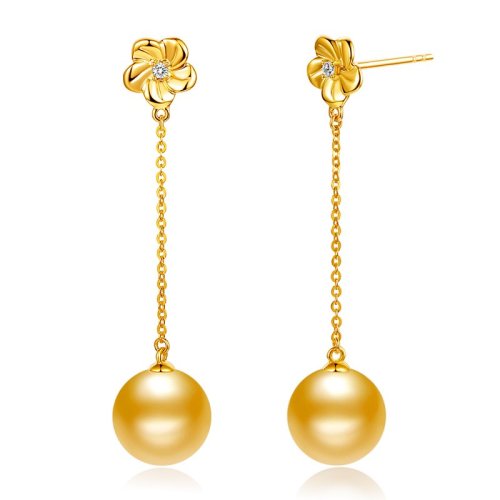 【新款】SANDYRILLA/仙蒂瑞拉 9-10mm南洋金珍珠18K金鉆石耳飾-金蕊