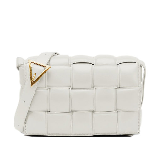 Bottega Veneta/葆蝶家 CASSETTE PADDED系列 粉筆白色小羊皮雙面正交編織單肩豆腐包591970VCQR19143