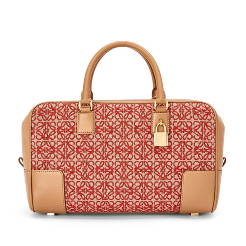 LOEWE/羅意威 22春夏新款情人節(jié)特別版AMAZONA 28系列 女士紅色/暖沙色帆布配皮Anagram印花金鎖金扣單肩斜跨手提包0010640878