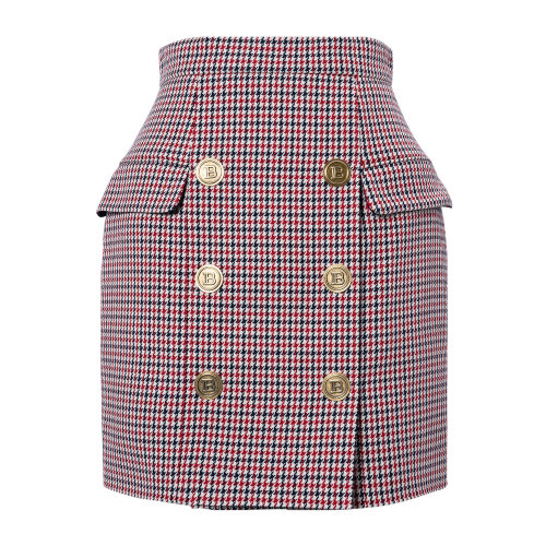 Balmain/巴爾曼 紅色 女士6粒紐扣飾千鳥格紋高腰短裙 UF04004W100  秋冬