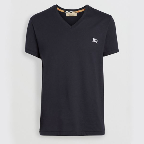 BURBERRY/博柏利 男士藏藍色V領(lǐng)短袖T恤 胸前白色戰(zhàn)馬刺繡標(biāo) 80038331【奧萊】