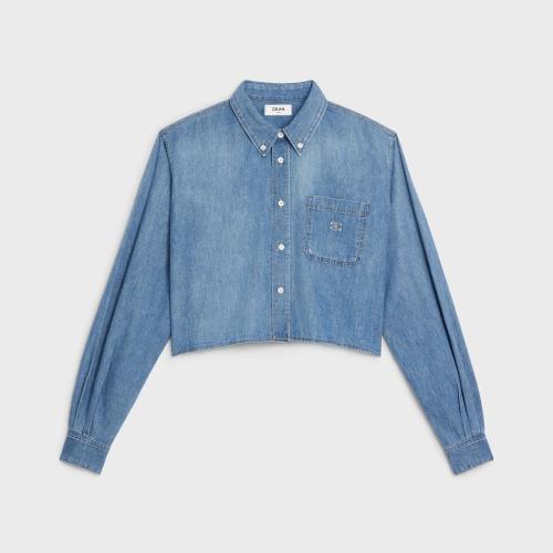  CELINE賽琳思琳 22年秋冬 女士 長(zhǎng)袖襯衫 MELODY WASH水洗色短款牛仔襯衫 2T187944O.08MY