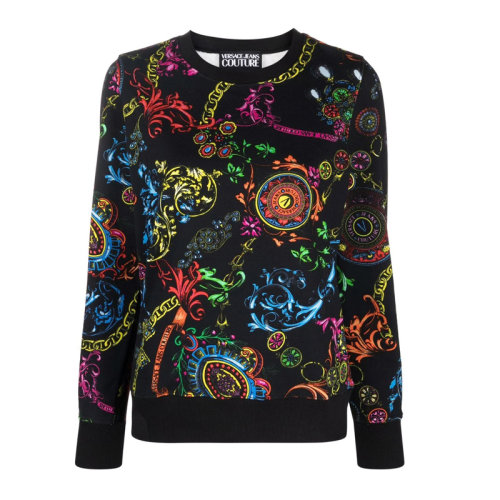 VERSACE JEANS/范思哲牛仔 女士拼色棉質(zhì)經(jīng)典巴洛克印花裝飾圓領(lǐng)長(zhǎng)袖上衣衛(wèi)衣運(yùn)動(dòng)衫套頭衫 71HAI309-FS002 多色可選