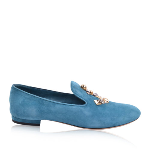 Louis Vuitton/路易威登 女士藍(lán)綠色天鵝絨鉚釘氣質(zhì)樂福鞋平跟單鞋