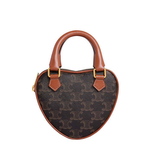 CELINE/賽琳 22春夏新款情人節(jié)款 女士中號老花涂層帆布黃褐色皮革手柄心形手提單肩斜挎包198222BZJ.04LU