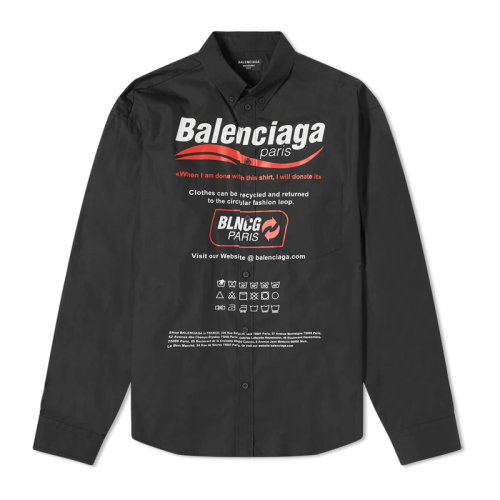 Balenciaga/巴黎世家 男士黑色棉質(zhì)經(jīng)典字母徽標印花裝飾系扣領(lǐng)長袖上衣襯衣襯衫 664626-TEM16-1000