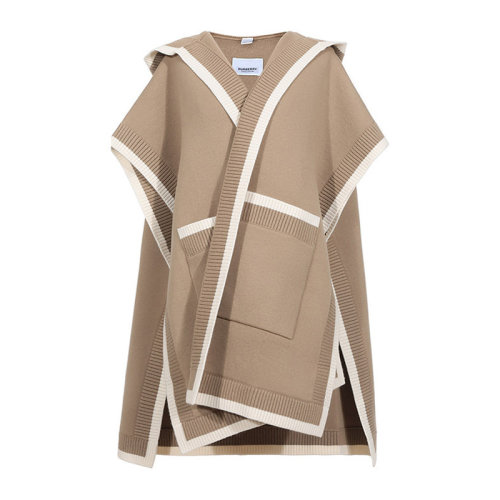 BURBERRY/博柏利 女士米棕拼色羊毛混紡羊絨字母徽標(biāo)嵌花連帽圍巾圍脖斗篷披肩 8031582