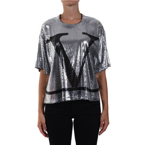 Valentino/華倫天奴  女裝 時尚百搭 圓領 女士銀色短袖T恤 UB3MG08D5NFH16  HKY015C