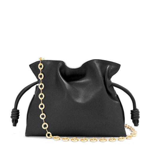 LOEWE/羅意威 22新款Flamenco系列 女士迷你款黑色納帕小牛皮抽繩單肩手拿鏈條包A411FC2X41-1100