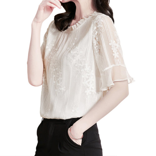 GeleiStory/GeleiStory 春季新款中年女裝白色真絲上衣氣質(zhì)媽媽夏裝短袖桑蠶絲小襯衫女裝＞女士襯衫＞女士短袖襯衫