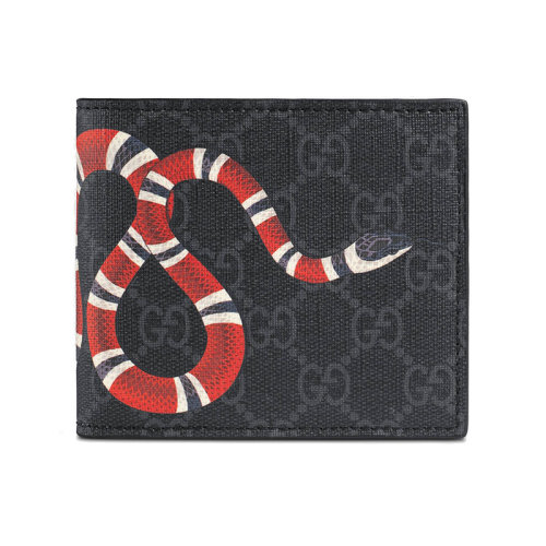 GUCCI/古馳 新款男士黑色帆布珊瑚蛇印花對(duì)折錢包 451266K551N1058