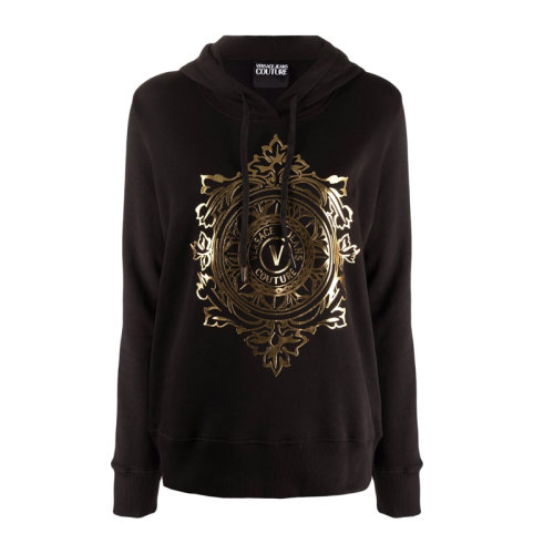 VERSACE JEANS/范思哲牛仔 女士黑色棉質(zhì)經(jīng)典字母徽標印花裝飾連帽長袖上衣衛(wèi)衣連帽衫運動衫套頭衫 71HAIF05-CF00F-G89
