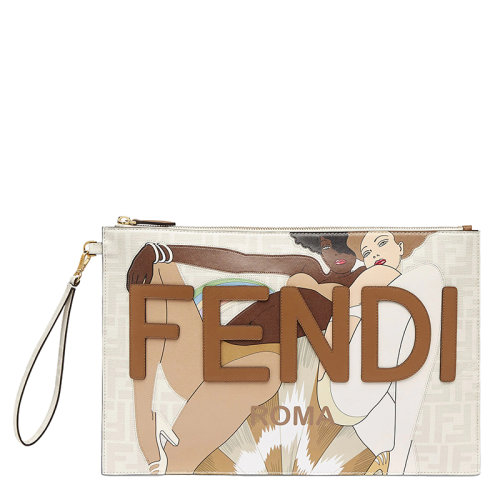 FENDI/芬迪 22春夏新款 女士大號米白色小牛皮老花徽標(biāo)比基尼女孩手提袋8N0178AJHIF1GF8