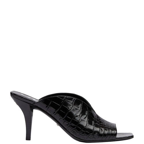 GUCCI/古馳 22年春夏新款 女士黑色皮革鱷魚(yú)紋印花中跟V形方頭涼鞋?695309UKQ001000