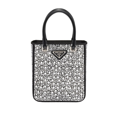 PRADA/普拉達(dá) 22新款 女士黑色水晶緞面皮革手柄拆卸調(diào)節(jié)肩帶琺瑯徽標(biāo)手提單肩斜挎包1BA331_2AWL_F063R_V_OOO