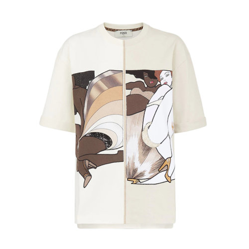 FENDI/芬迪 22年早春新款 男士米色純棉藝術(shù)家插圖短袖T恤FS7011AJKUF0N0A