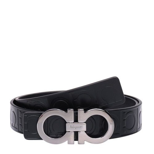 Salvatore Ferragamo/菲拉格慕 男士黑色牛皮壓花LOGO標識商務(wù)休閑板扣皮帶腰帶