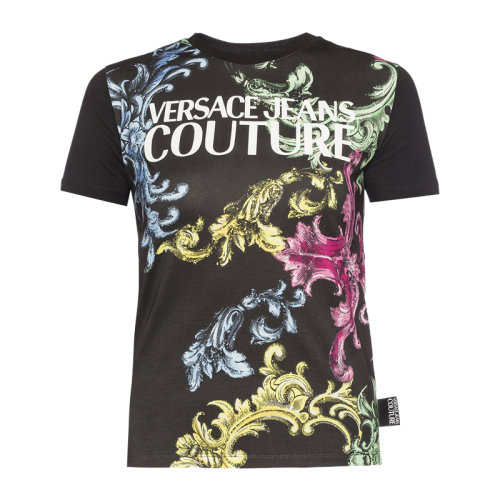 VERSACE JEANS/范思哲牛仔 女士黑色棉質(zhì)經(jīng)典字母徽標(biāo)印花裝飾圓領(lǐng)短袖上衣T恤 B2HUB7M3-30288-899