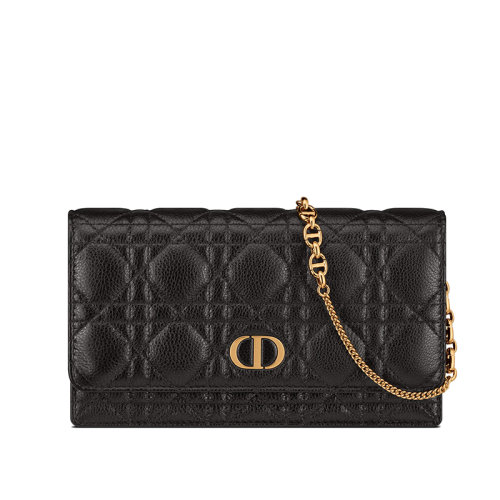 DIOR/迪奧 22新款Caro系列 女士黑色藤格紋柔軟小牛皮CD金扣配可拆卸金鏈單肩手拿鏈條錢包S5134UWHC_M900