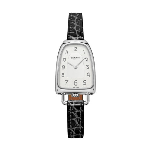 HERMES/愛馬仕      Galop系列 女士石英機芯水晶銀紋表盤精鋼和黑色光滑鱷魚皮表帶腕表20x27.2毫米W053749WW00
