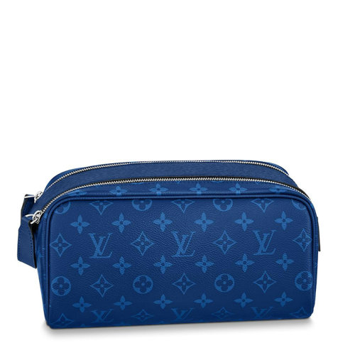 Louis Vuitton/路易威登 22春夏新款DOPP KIT系列 男士藍(lán)色老花帆布配皮銀扣拉鏈開(kāi)合手拿洗漱包M30849