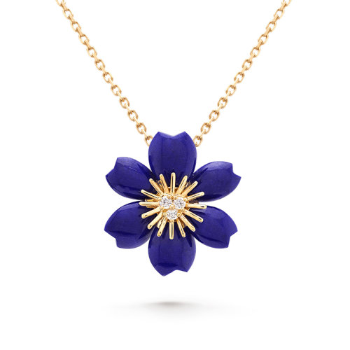 Van Cleef & Arpels/梵克雅寶 Rose de No?l系列 18k金黃金飾有青金石鑲嵌鉆石迷你圣誕玫瑰吊墜項(xiàng)鏈 VCARP7T200
