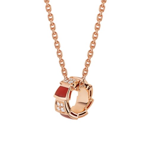 BVLGARI/寶格麗 Serpenti系列 經(jīng)典款紅玉髓18K金玫瑰金帶鉆 蛇形項鏈 355088 紅玉髓