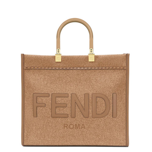 FENDI/芬迪  SUNSHINE系列 女士中號棕色法蘭絨皮革飾邊單肩手提包購物袋8BH386AHJ9F1F1T