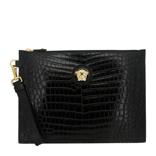 VERSACE/范思哲 男士黑色鱷魚壓紋牛皮美杜莎頭像徽標(biāo)拉鏈開合錢包卡包手包腕包手拿包男包 DP85102-DCOV4-D41OH