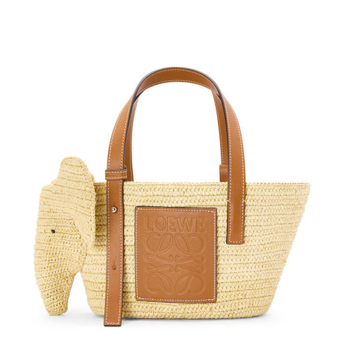 LOEWE/羅意威  Elephant系列 女士小號(hào)自然色/棕褐色酒椰纖維/小牛皮徽標(biāo)壓紋大象輪廓手提袋0010574770