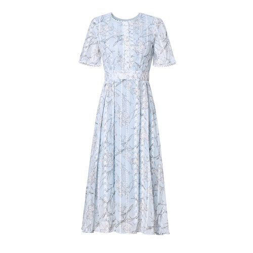 GeleiStory/GeleiStory  夏季新款女裝時(shí)尚輕熟風(fēng)圓領(lǐng)花邊短袖收腰顯瘦大擺中長(zhǎng)連衣裙  女裝＞女士裙裝＞女士連衣裙