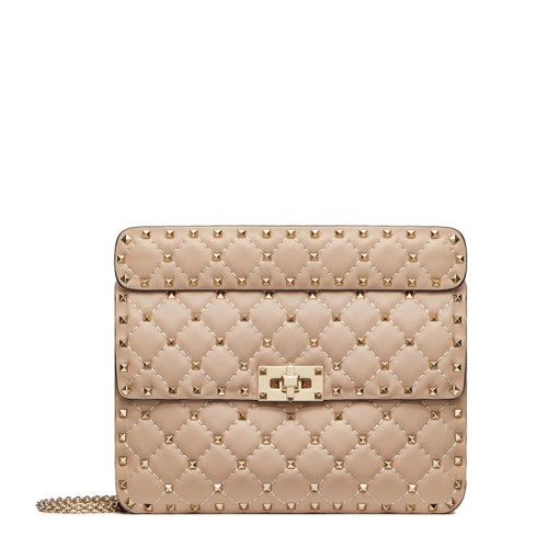 Valentino/華倫天奴 21新款 ROCKSTUD SPIKE系列 女士中號(hào)粉末色絎縫小羊皮旋轉(zhuǎn)扣翻蓋柳丁鏈條單肩斜挎包ZW2B0122NAPP45