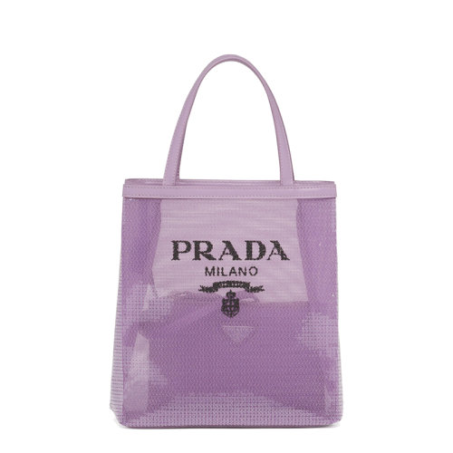 PRADA/普拉達      女士小號百合色織物材質(zhì)皮革提手亮片裝飾網(wǎng)眼手提托特包1BG417_2D0A_F027J_V_OOO