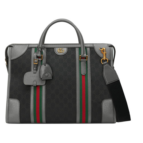 GUCCI/古馳 22新款 男士大號黑色帆布配灰色皮革金色飾面綠色/紅色條紋雙G細節(jié)可拆卸掛鎖帆布肩帶單肩斜挎手提旅行包715671FAARB1048