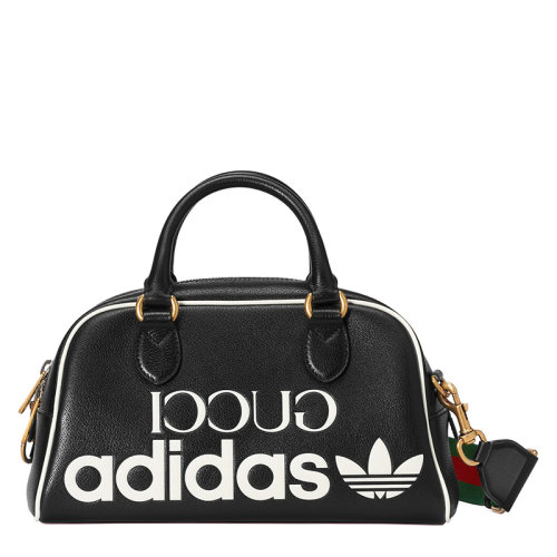 GUCCI/古馳 22新款阿迪達(dá)斯聯(lián)名 男士迷你黑色皮革白色主題系列徽標(biāo)印花金扣配紅綠織物皮革肩帶單肩手提旅行包702397U3ZCT8726