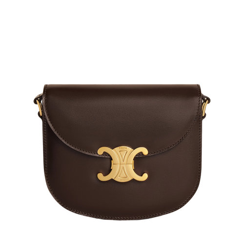 CELINE/賽琳 22新款BESACE TRIOMPHE系列 女士TEEN款式棕色牛皮革凱旋金扣翻蓋開合單肩斜挎包110413BF4.19BR