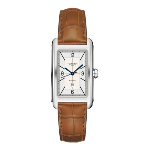 LONGINES/浪琴 黛綽維納系列 男女同款銀色自動(dòng)機(jī)械精鋼表殼和鱷魚皮表帶腕表28.2X47毫米L5.767.4.73.3