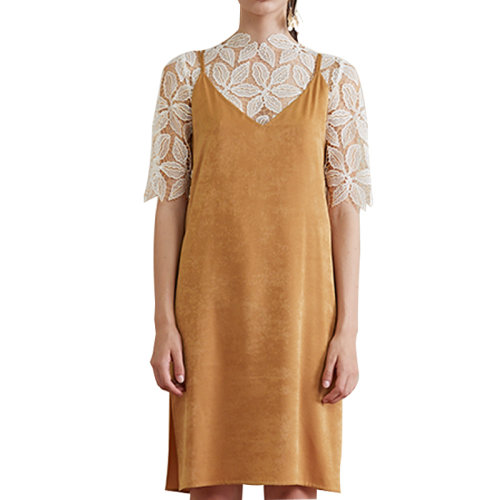 HUI/卉 女士連衣裙19夏季黃棕色兩件套連衣裙蕾絲內(nèi)搭吊帶連衣裙