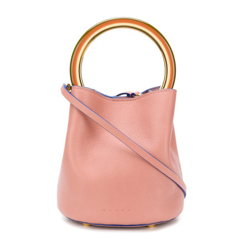 MARNI/瑪尼女士 純色小牛皮圓形手柄時尚水桶包手提包單肩斜挎包