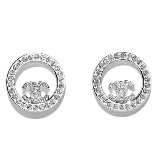 CHANEL/香奈兒 經(jīng)典款銀色金屬鑲嵌透明水晶圓環(huán)點(diǎn)綴雙C經(jīng)典優(yōu)雅耳釘A96562Y02003Z3502