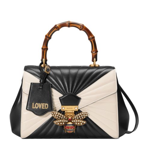 GUCCI/古馳  Queen Margaret系列 女士黑白拼色皮革竹節(jié)手柄皮質(zhì)手提單肩蜜蜂包