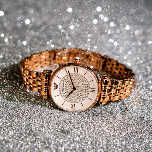 Emporio Armani/安普里奧阿瑪尼 阿瑪尼滿天星手表 女玫瑰金鋼制表帶鑲鉆石英輕奢女士腕表 AR11244