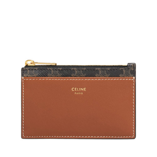 CELINE/賽琳 經(jīng)典款 女士老花凱旋帆布棕褐色羊皮飾邊拉鏈卡包卡片夾10F992BZ9.04LU