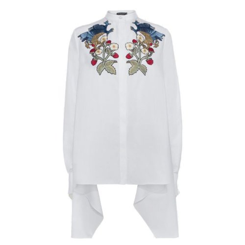 Alexander McQueen/亞歷山大麥昆 花卉小鳥刺繡 女士白色長袖襯衫 481565QJA039000