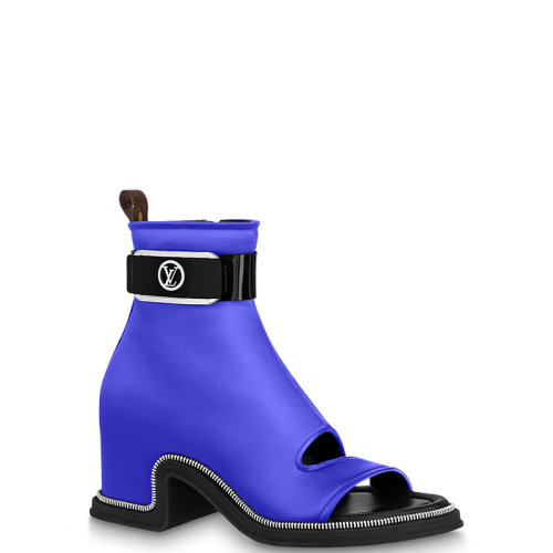 Louis Vuitton/路易威登 22年春夏新款 MOONLIGHT系列 女士寶藍色絲緞粗跟露趾及踝靴1AA0JJ