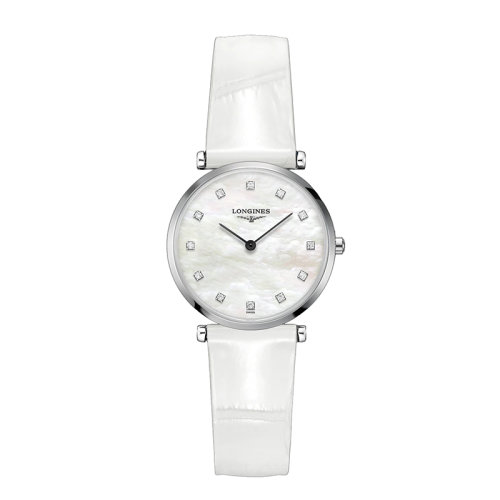 LONGINES/浪琴 嘉嵐系列 女士白色石英精鋼表殼鱷魚(yú)皮表帶和表盤鑲鉆防刮藍(lán)寶石水晶玻璃腕表29毫米L4.512.4.87.0