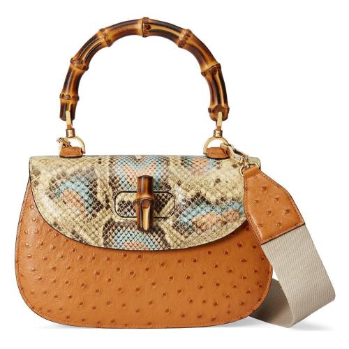 GUCCI古馳 22年秋冬 女士 Gucci Bamboo 1947系列鴕鳥皮中號手袋 672206 EY0MT 8422