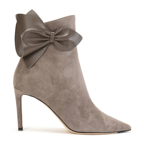 Jimmy Choo/周仰杰 灰棕色麂皮-蝴蝶結(jié)裝飾 女士 細(xì)跟 短靴 KASSIDY85SUN DARK GREY
